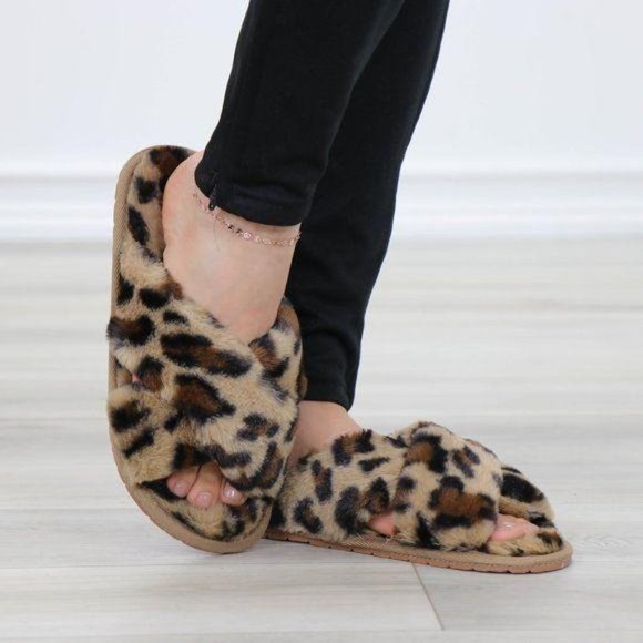 Leopard  Fuzzy Furry Criss Cross Sandal Sliders - Picture 7 of 14